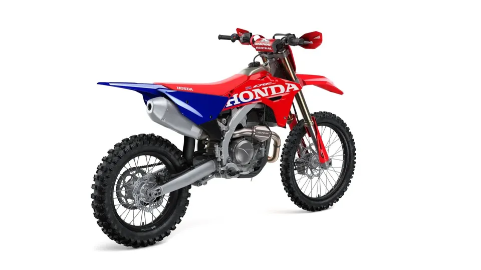 450 cc enduro CRF450RX from behind with side stand and skid plate